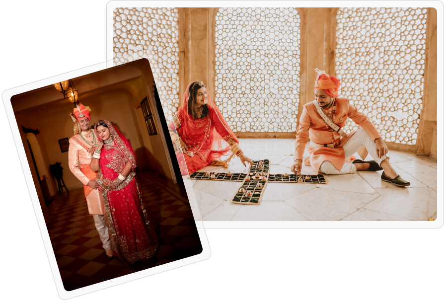 A couple in traditional Indian attire joyfully playing dominoes during their pre-wedding photoshoot.