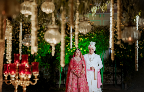 A couple poses for a wedding photographer in Delhi, highlighting the essence of love and commitment on their special day.